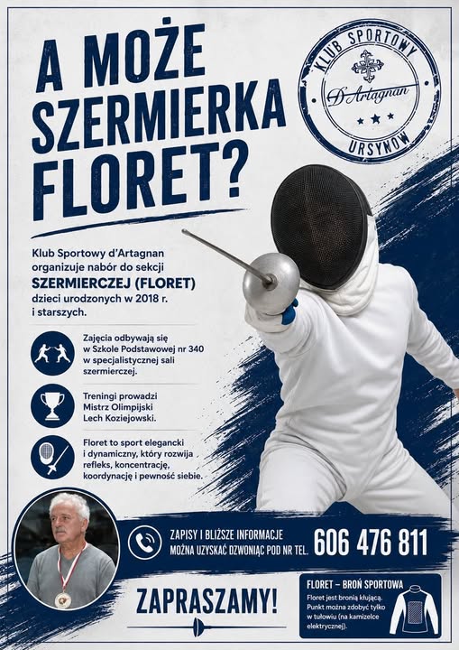 Plakat: nabór do nowej grupy szermierczej KS d'Artagnan Ursynów, zajęcia z Lechem Koziejowskim